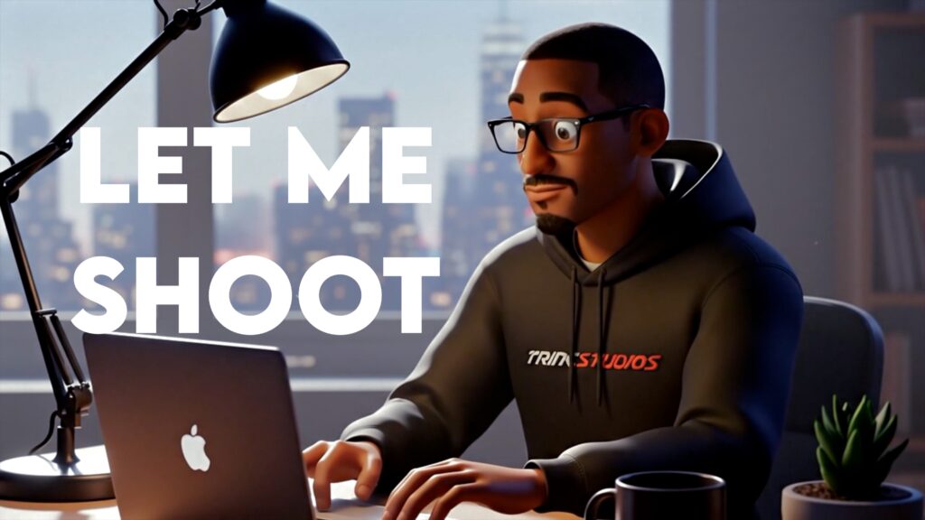Let Me Shoot documentary poster featuring filmmaker Carl “Cool Briiz” Jackson working at a desk in a studio setting